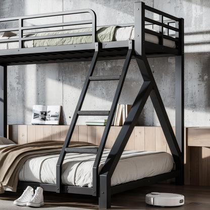 Bellemave Twin XL Over Queen Bunk Bed Frame with Noise Reduced Design, Low Profile Bunk Bed with Ladder and Fence, Heavy Buty Bunk Beds for Adults, Teens