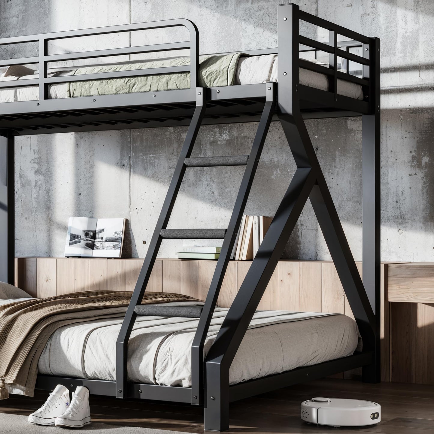 Bellemave Twin XL Over Queen Metal Bunk Bed,Low Profile Floor Bunk Bed Frame with Angled Ladder, Heavy Duty & Noise-Free Design for Kids, Teens & Adults, Black