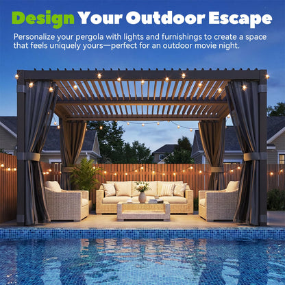 MELLCOM Louvered Pergola 10x12, Outdoor Rustproof Shelter with Adjustable Roof, Steel Aluminum Gazebo with Waterproof Curtains and Netting for Patio Deck, Dark Grey