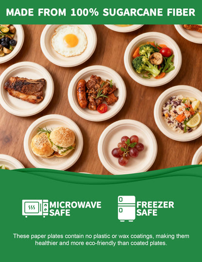 100% Compostable 7 Inch Paper Plates [144-Pack] - Biodegradable Sugarcane Bagasse Dessert Plates for Cake, Appetizers, Salads | Heavy Duty Disposable Plates for Kids Birthday & Holiday Party Supplies