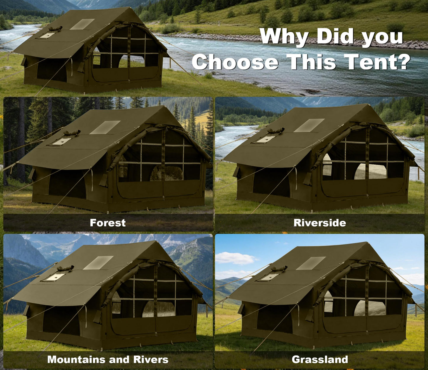 Inflatable Tents for Camping with Stove Jack,4-6 Person Easy Setup Blow Up Tents for 4 Seasons Waterproof Inflatable Camping Tent with Clear Skylight, Air House Glamping Tents for Adult