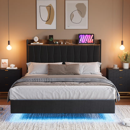 IDEALHOUSE King Floating Bed Frame with LED Lights & Charging Station, Upholstered Platform Bed with Storage Headboard, Wood Slats Support, No Box Spring Needed, Easy to Assemble, Black