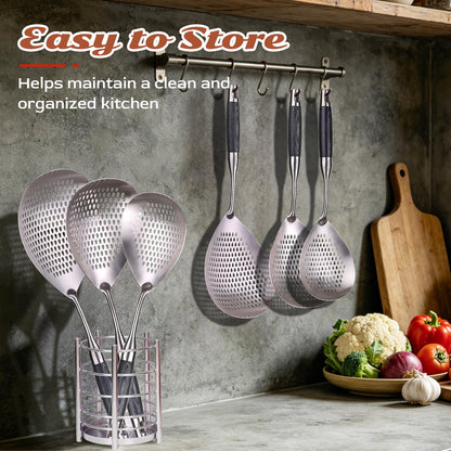 Skimmer Slotted Spoon -16.5in 304 Stainless Steel Pasta Spider Strainer Skimmer Ladle Spoon for Cooking and Frying - Kitchen Metal Scoop Colander Strainer Spoon with Heat Resistant Black Wooden Handle