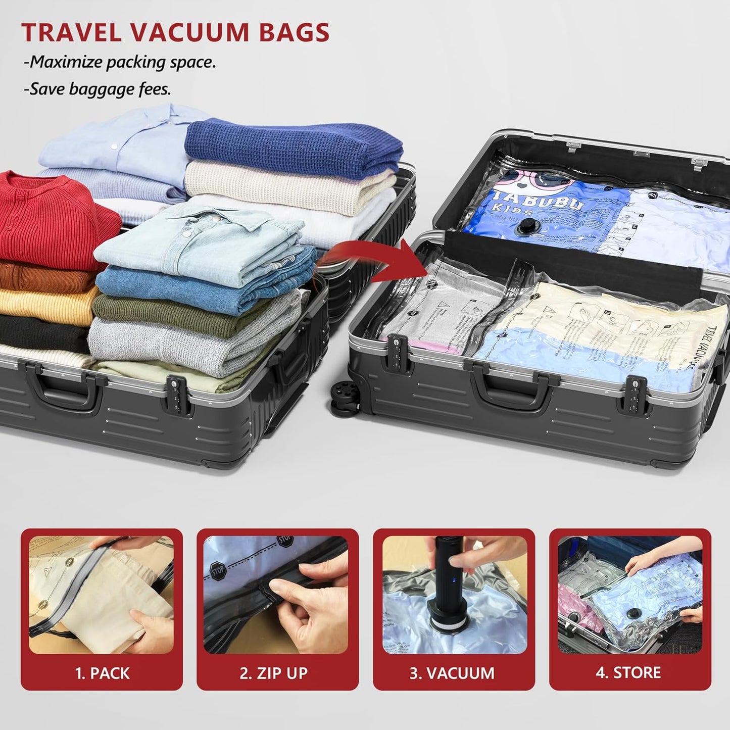 Skiennix Travel Vacuum Bags - Rechargeable Electric Pump Compression Packing Cubes | 8 Large Space Saver Bags for Luggage