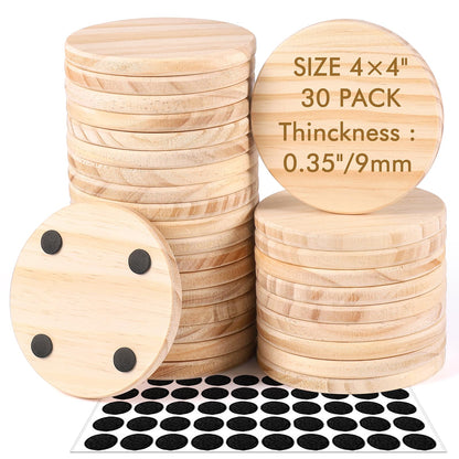 30 Pieces Unfinished Wood Coasters, 4 Inch Round Blank Wooden Coasters for Crafts with Non-Slip Silicon Dots for DIY Stained Painting Wood Engraving Home Decoration