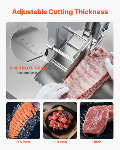 VEVOR Commercial Electric Meat Bandsaw, 1100W Bone Sawing Machine with 12.4" x 18.1" Workbench, 0-4.3" Cutting Thickness, 7 Extra Replacement Blades, for Cutting Bone, Frozen Meat, Pork, Beef & Ribs
