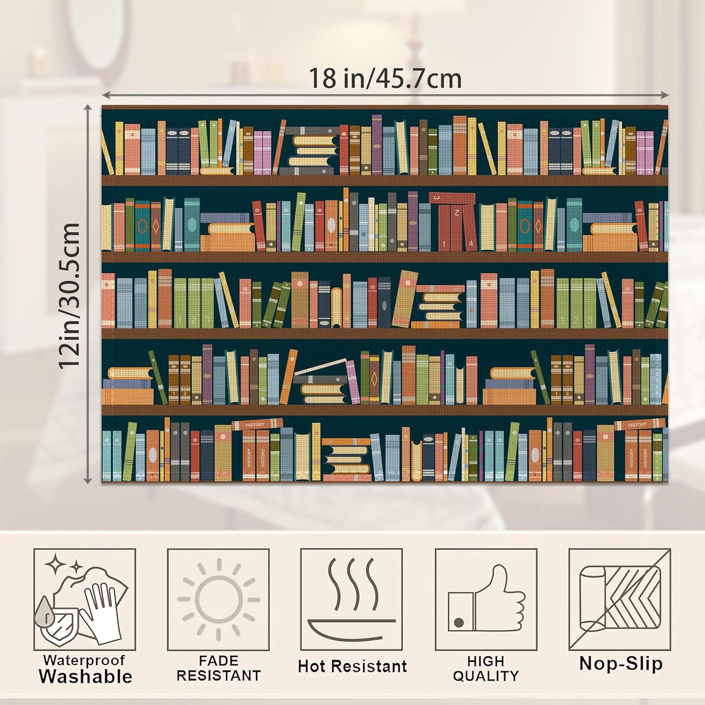 Set 6,Library 12x18 Inch Bookshelf Placemats of Book Place Mats Heat Resistant Washable Non-Slip Table Mats for Party