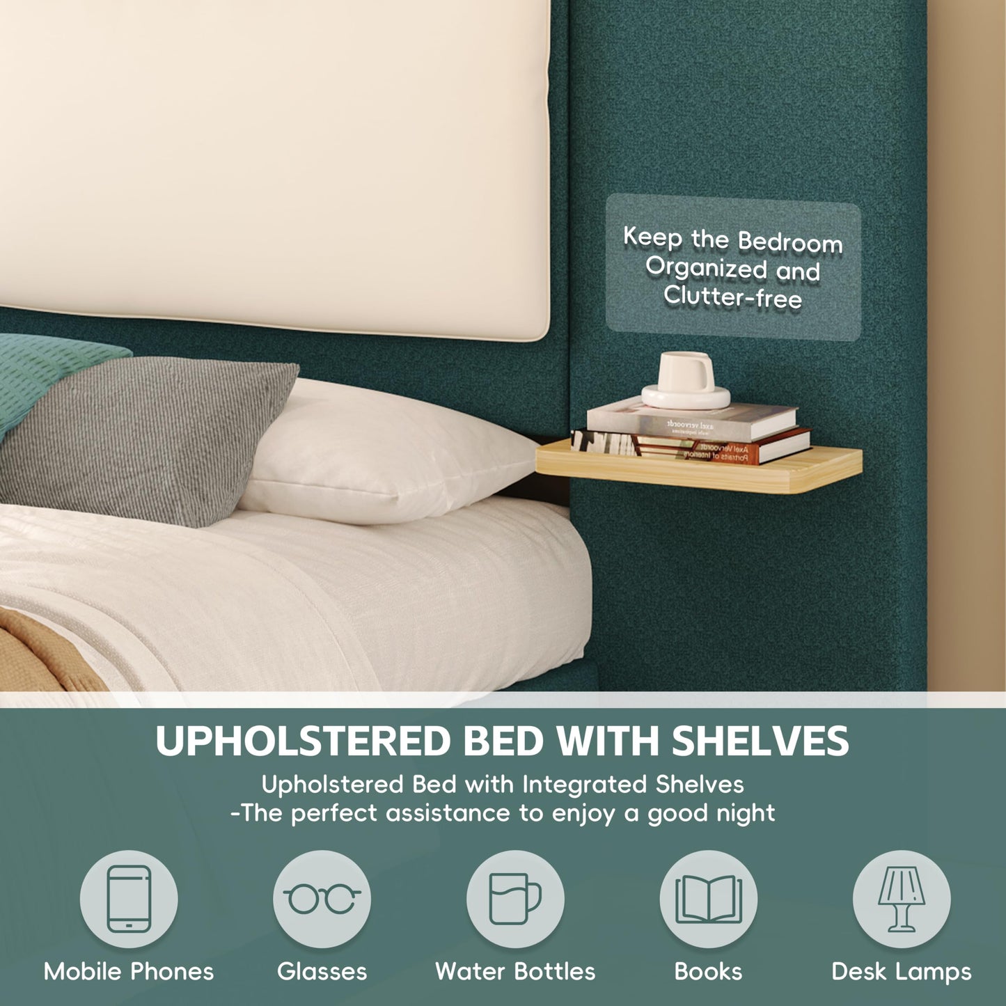 Merax Queen Size Upholstered Platform Bed Frame with Large PU Leather Headboard and Bothside Shelves, Modern Bedroom Furniture & Solid Wood Slats Support, No Box Spring Needed, Easy Assembly, Green