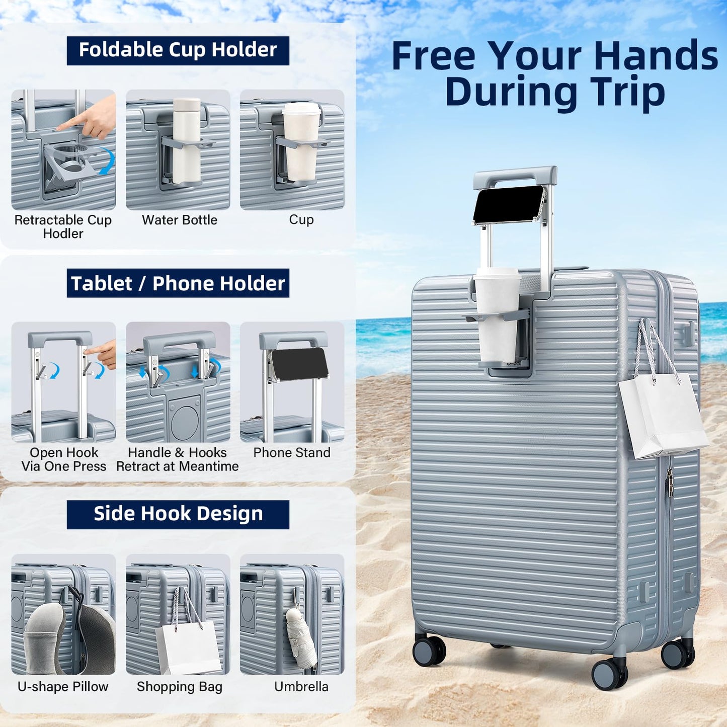 HanTrip Hard Shell Suitcases 28 Inch Large Checked Luggage with Spinner Wheels Cup Holder, Expandable Check in Luggage Lightweight Top Opening Luggage Big Rolling Suitcase with Lock, Silver
