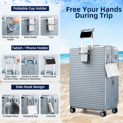 HanTrip Hard Shell Suitcases 28 Inch Large Checked Luggage with Spinner Wheels Cup Holder, Expandable Check in Luggage Lightweight Top Opening Luggage Big Rolling Suitcase with Lock, Silver