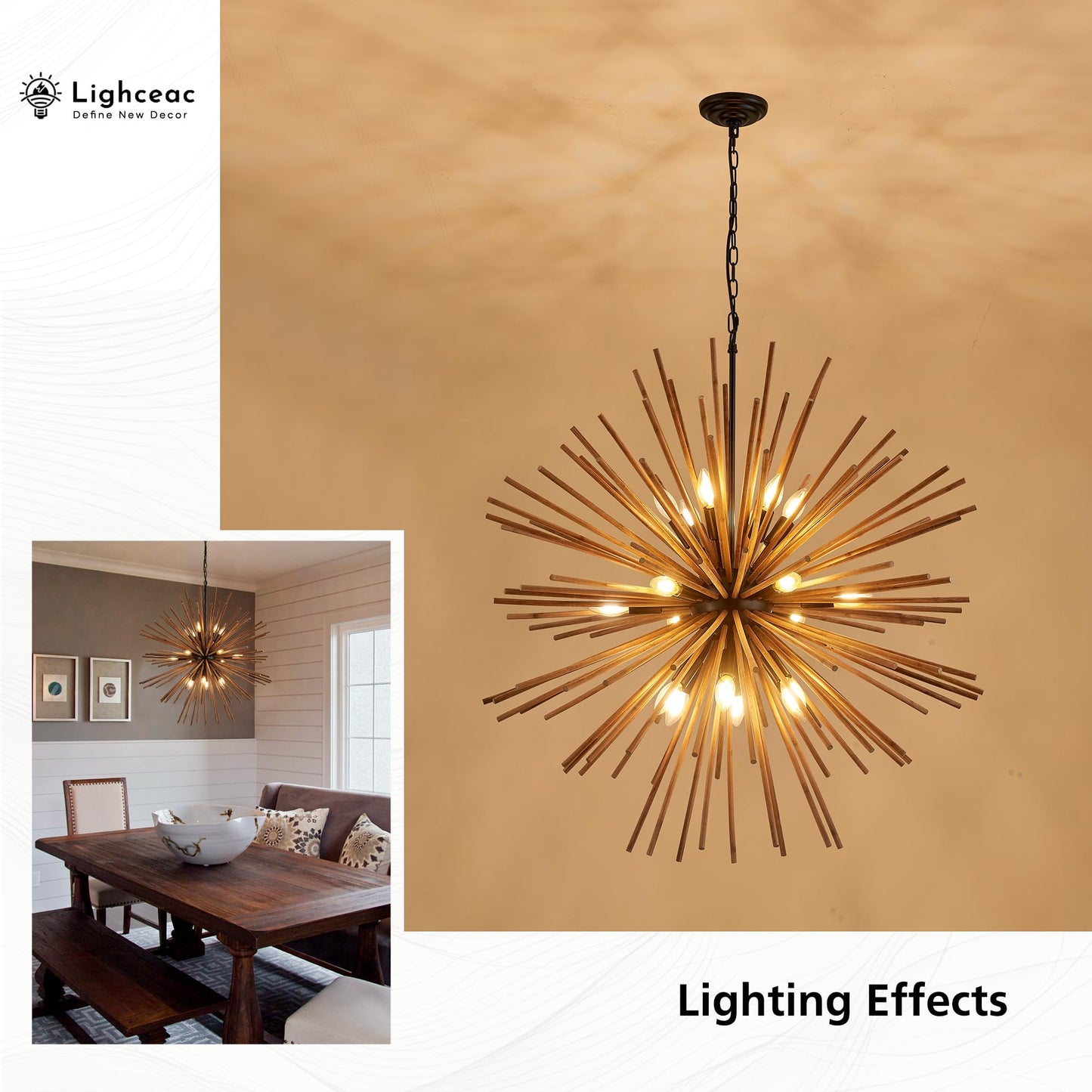 lighceac 37.4" Farmhouse Sputnik Chandelier for Dining Room Rustic Handmade Natural Wood 18-Light Hanging Ceiling Pendant Light Fixture Starburst Wood Chandeliers for Kitchen Bedroom Foyer Hallway