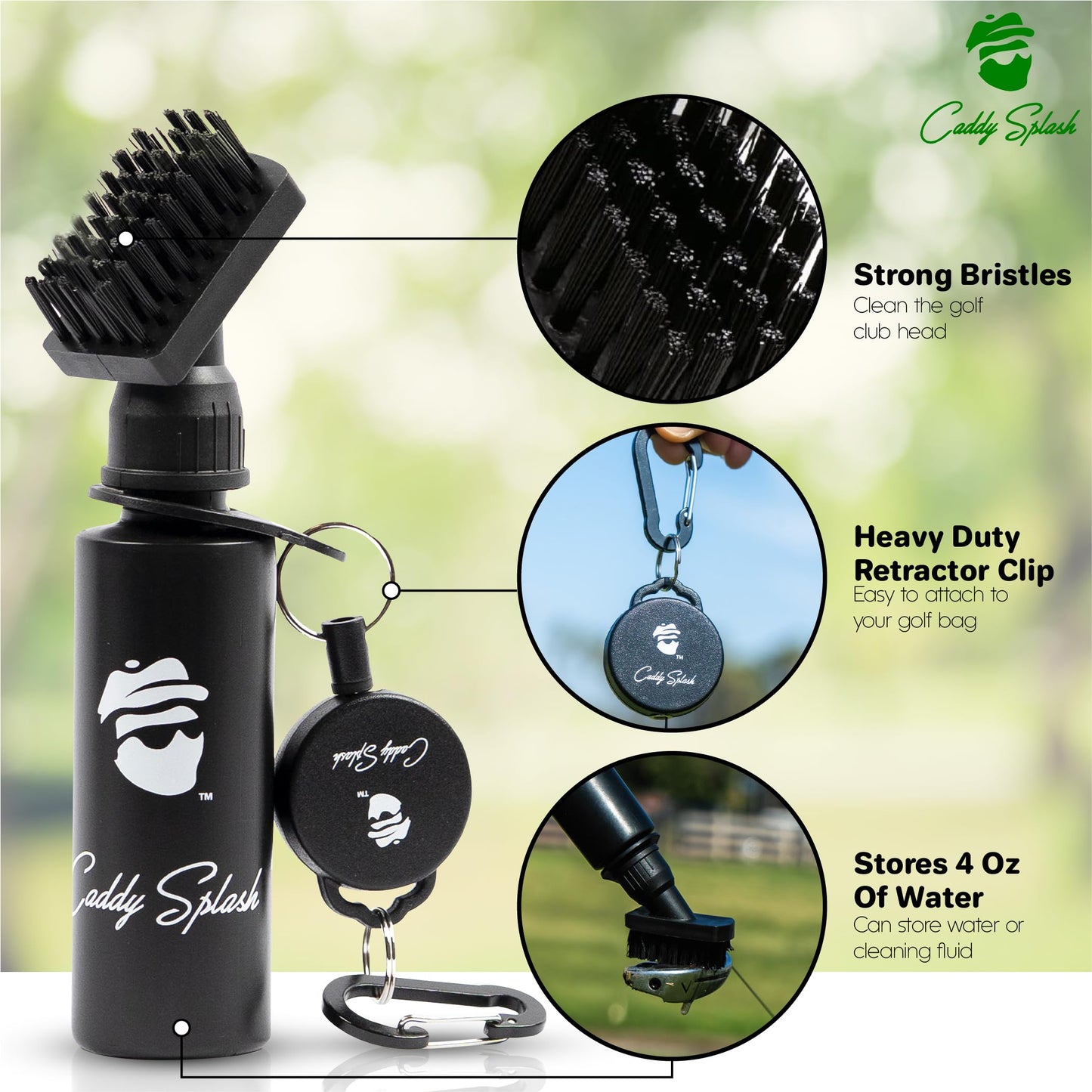 Caddy Splash Golf Club Brush Cleaner with Water – Heavy Duty Retractable Clip – Squeeze Bottle for Easy Cleaning – Nylon Bristles – Holds 4 Oz – Golf Gifts– Golf Accessories for Men – USA Company