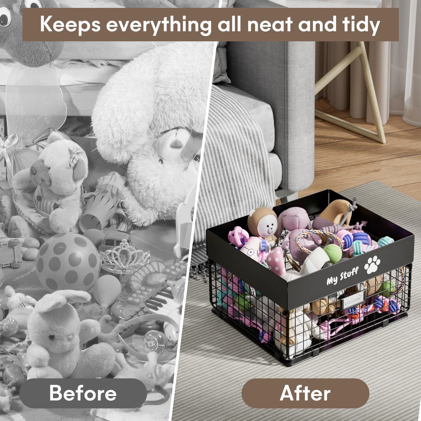 qeerable Dog Toy Basket - Metal Large Dog Toy Box for Small Dog - Dog Toy Storage Bin for Pet - Personalized Large Dog Toy Basket for Puppy and Pet- Dog Toy Organizer Holder Boxes for Living Room