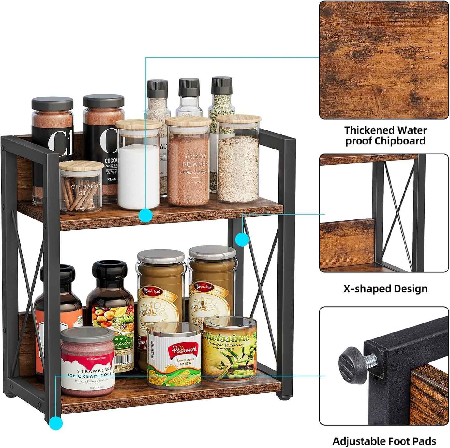 Giikin Counter Shelf Organizer, 2 Tier Kitchen Spice Rack for Countertop, Rustic Brown Wood Coffee Counter Organizer