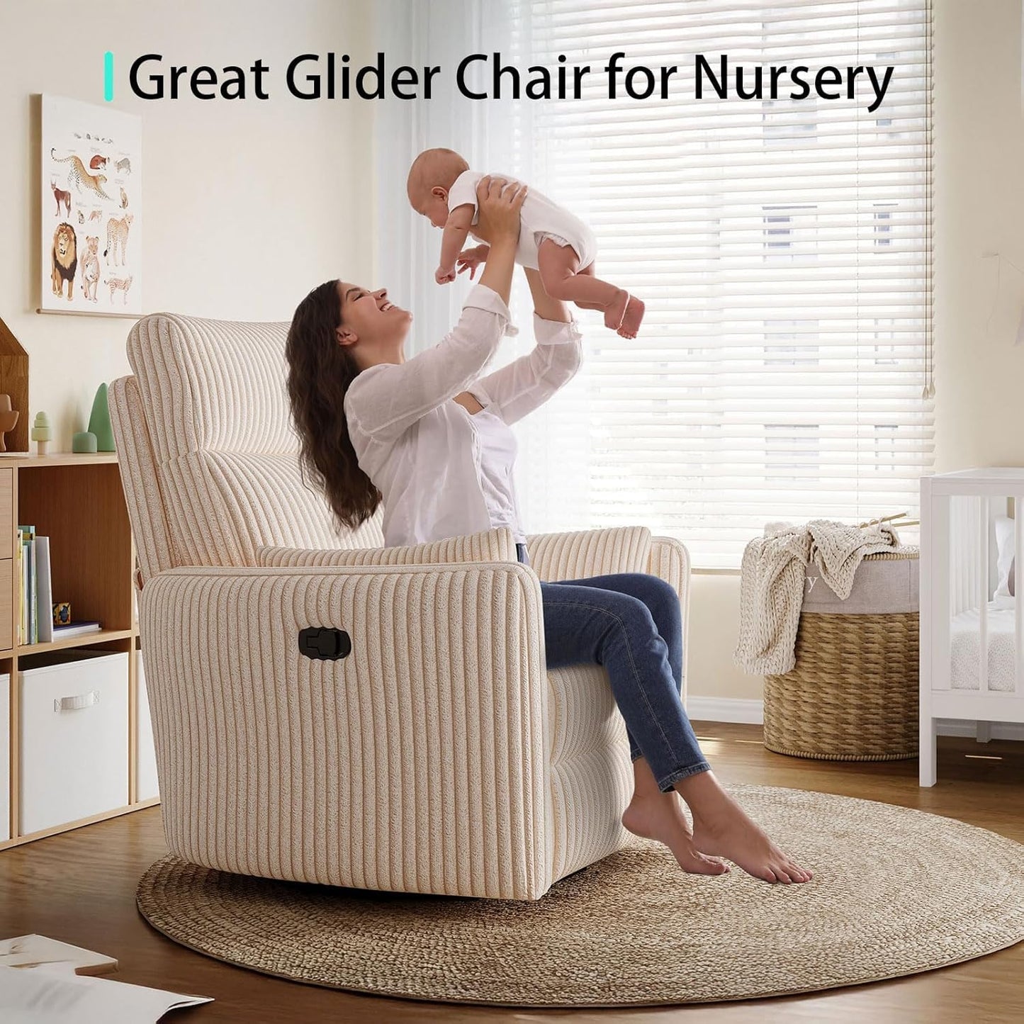 LINSY 360 Swivel Recliner Chair, Nursery Glider Rocking Chair with 2 Pillows, Corduroy Nursing Chair Comfy High Back Adult Rocker Recliner for Small Spaces, Nursery Bedroom Living Room (Beige)