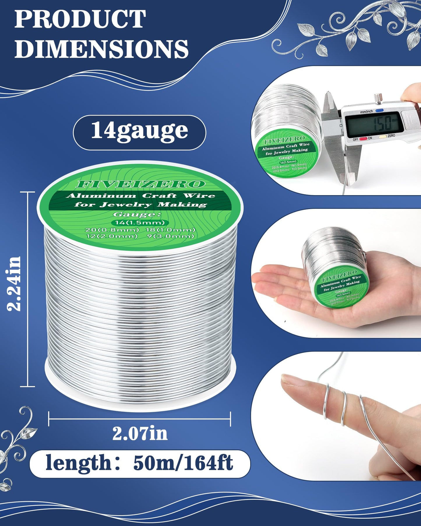FIVEIZERO 14 Gauge Aluminum Craft Wire 164ft,Armature Wire for Sculpting, Bendable Metal Wire for Jewelry Making, Wire Wrapping, Floral Sculptures,Clay & Christmas Ornaments Crafting(Sliver)