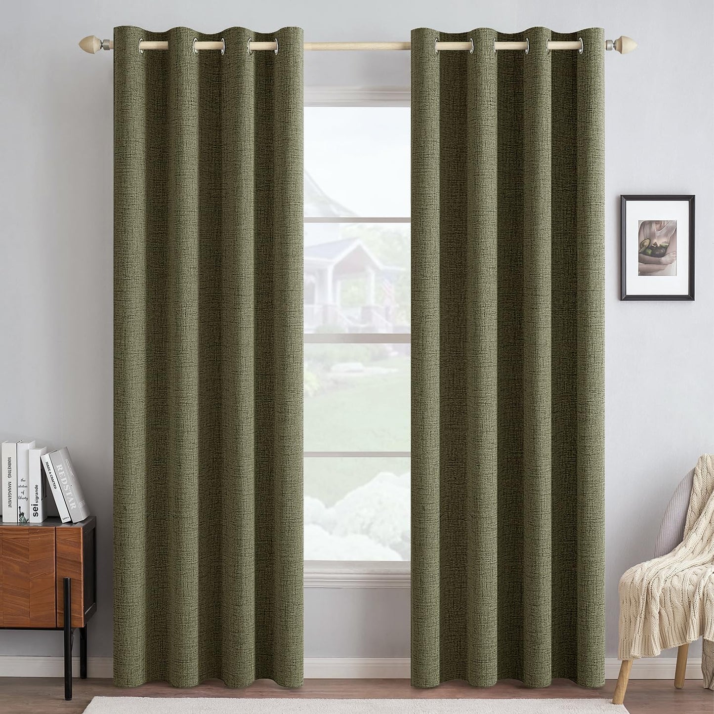 MIULEE Blackout Curtains - 100% Thermal Insulated Linen Texture - Light Olive Green, 52x96 Inch (2 Panels)