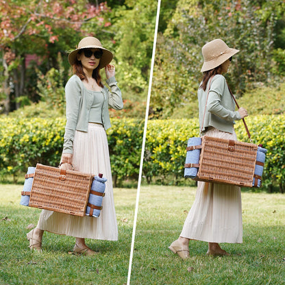 Picnic Baskets for 2, Picnic Basket with Waterproof Blanket, Picnic Basket Set with Washable Beach Mat & Large Insulated Cooler Compartment, Handmade Natural Wicker Hamper for Camping, Outdoor Party