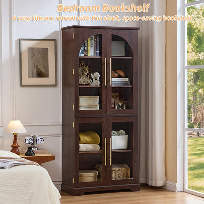 Joaxswe 72" Tall Bookshelf with 4 Curved Glass Doors, Farmhouse Bookcase with 3-Tier Adjustable Shelves, Modern Living Room Display Cabinet, Large Storage Cabinet for Home Office,Dining Room, Walnut