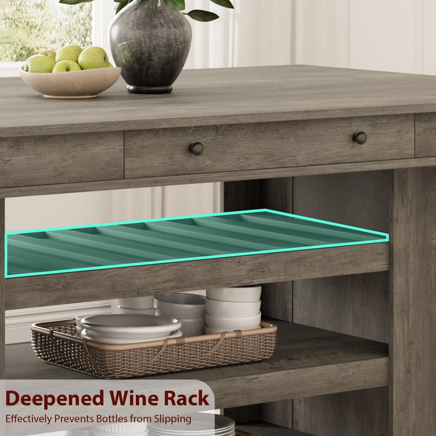 GAOMON 60" Counter Height Dining Table for 4, Farmhouse Rectangular Bar Height Kitchen Table & Thick Table Top, with Deepened Wine Rack & Shelves for Kitchen, Bar,Retro Gray