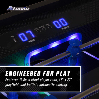Atomic Azure LED Foosball Table – Light Up Arcade Style Table with In-Rail LED Lighting, Music, Electronic Scoring, Glow Foosball, 47” x 27” Playfield