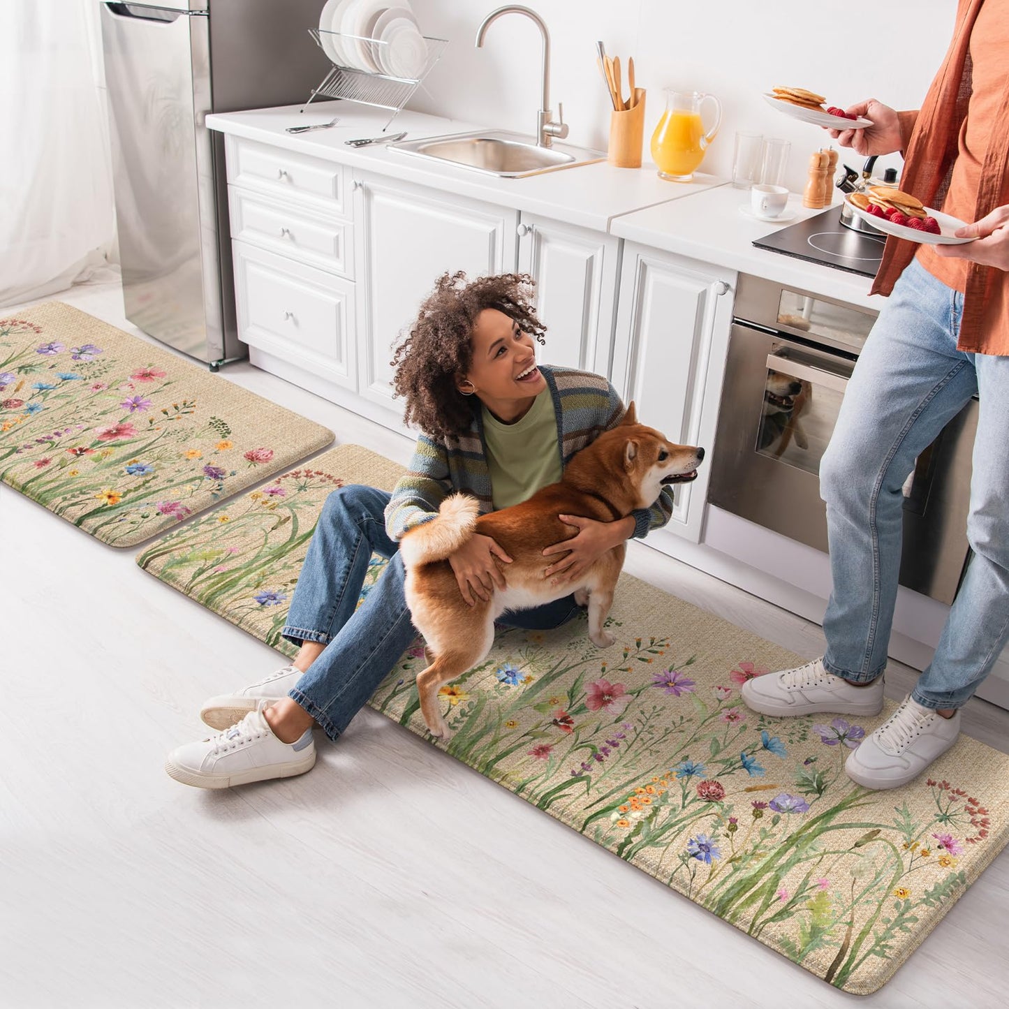 KIMODE Anti Fatigue Kitchen Mat, 17"x47"+17"x29" Floral Kitchen Rugs Sets of 2, Farmhouse Kitchen Floor Mats Non-Slip Cushioned, Comfort Standing Desk Mat for Sink, Laundry,Home Brown