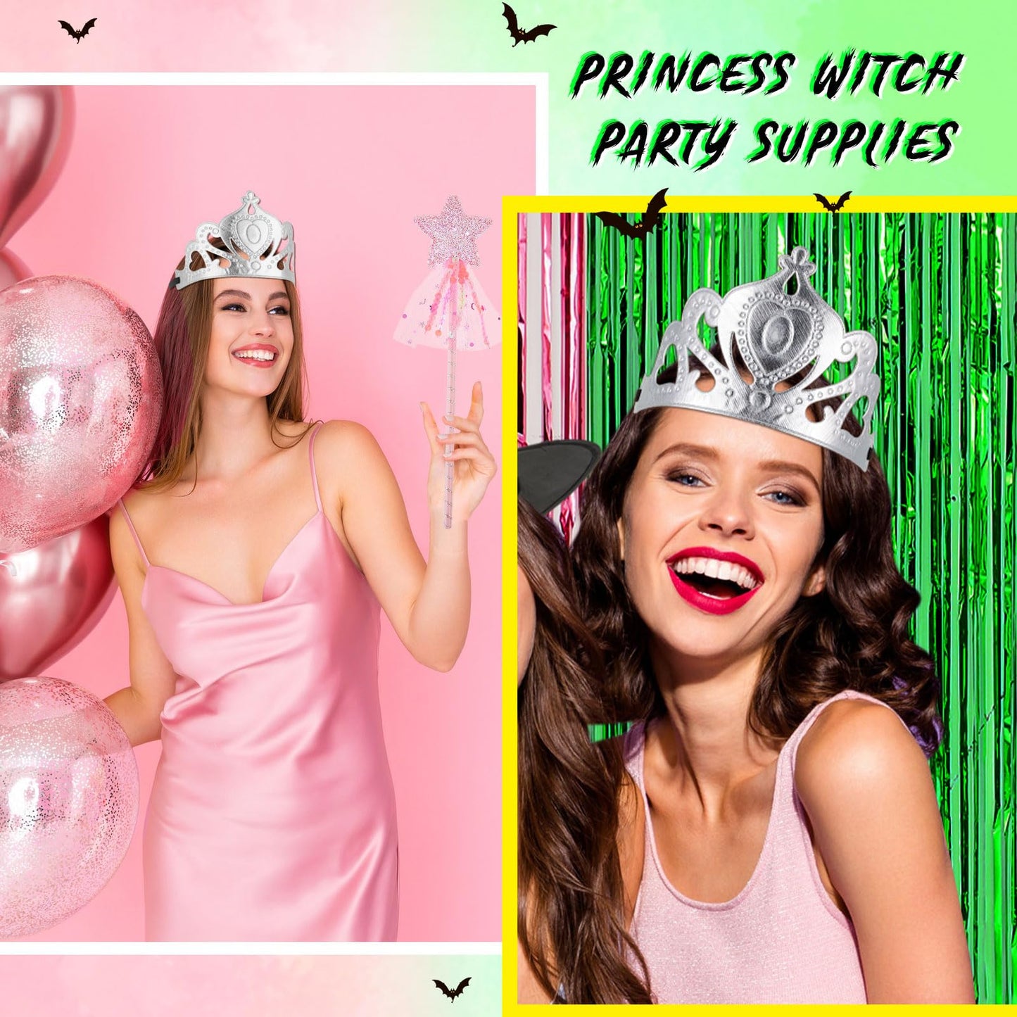 Shyyween 24 Pcs Witch Hats and Princess Crowns with Brooms and Glitter Star Wands Black Wizard Hats Decoration Costumes for Adults Princess Witch Party Supplies Gifts Birthday Dress up Cosplay