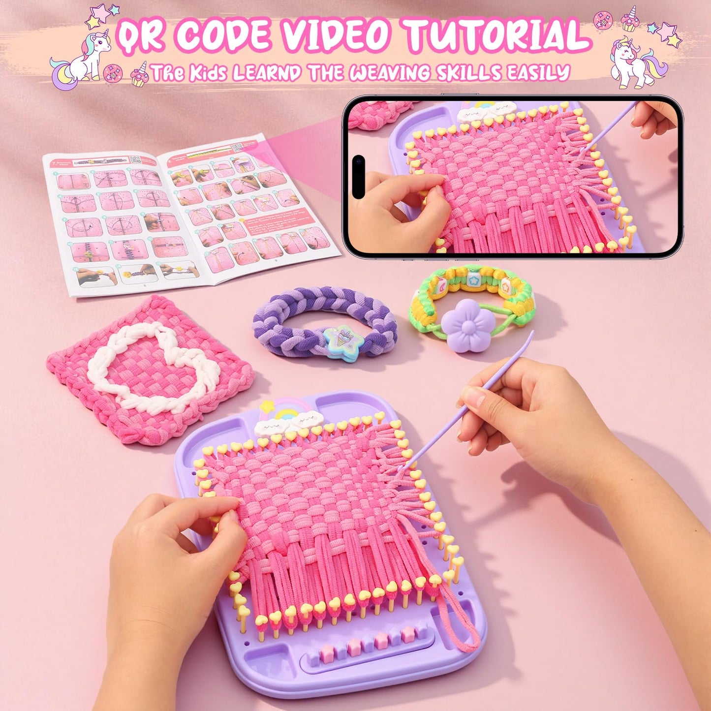 Friendship Bracelet Making Kit & DIY Weaving Loom, 500+ Colorful Ropes, Bands & Beads, Creative Arts and Crafts Gift for Girls Ages 6–12, Ideal Christmas Gifts for Girls Ages 5 6 7 8-12 Pink