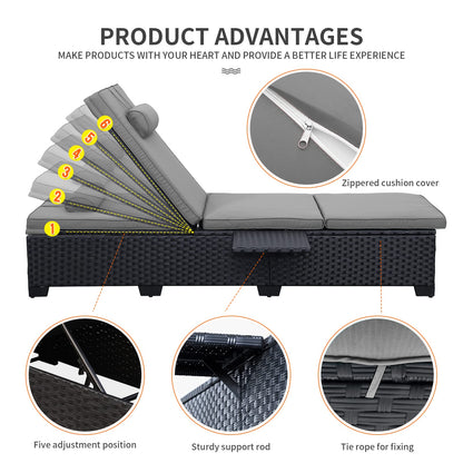 WAROOM Outdoor Chaise Lounge Chairs for Outside Patio Furniture Set of 2 Wicker Recliner Black Rattan Sunbathing Lounger Adjustable Backrest Pool Reclining Chair, Grey Cushion