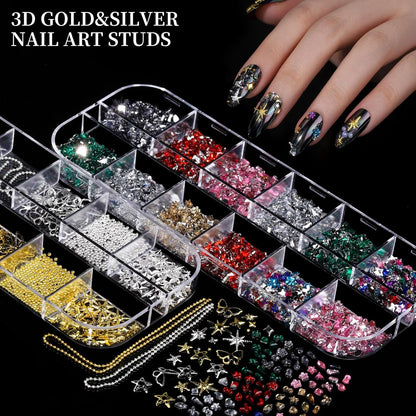 FANDAMEI Nail Charms, Nail Rhinestones Kit with 8 Boxes of Nail Gems, 3D Charms for Nails, Colorful Clear Flatback Rhinestones, Multi Shape Pearls Jewels Crystals for Craft
