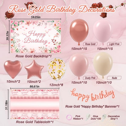 Rose Gold Birthday Decorations, Rose Gold Pink Nude Balloons Happy Birthday Banner Rose Gold Tablecloth Backdrop for Happy Birthday Decorations for Women Adults