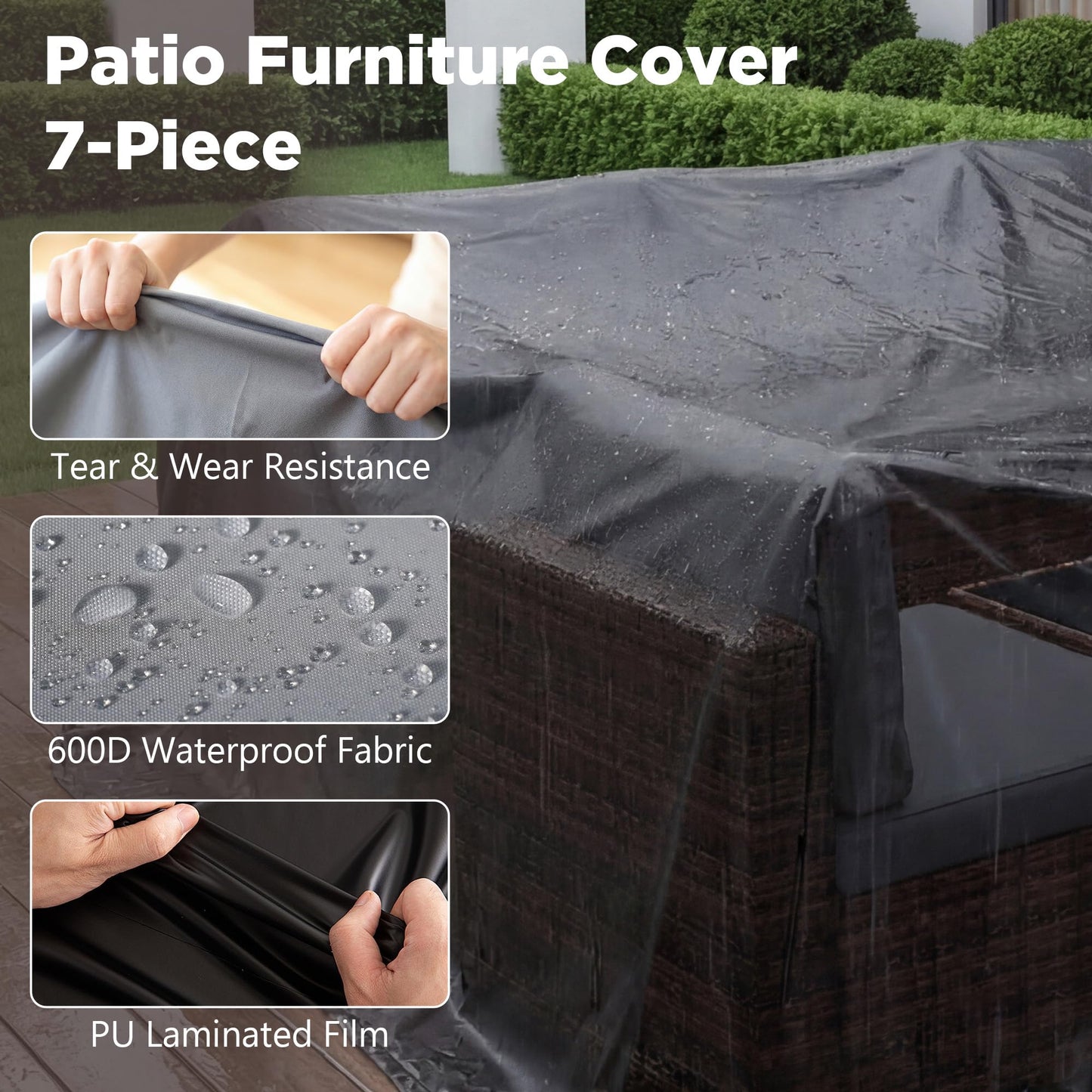 LHBcraft 7 Pieces Outdoor Wicker Rattan Patio Furniture with Rain Cover, Wicker Rattan Outdoor Sectional Sofa Set with Coffee Table & Blue Cushions for Garden, Poolside