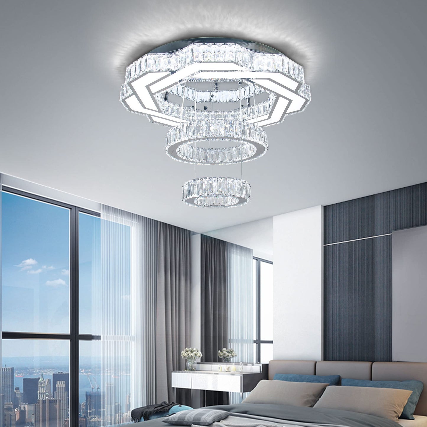 xychfantligh 22.5" Crystal Chandeliers Living Room Modern Chandelier Crystal Ceiling Light LED 2 Rings Pendant Light Flush Mount Chandelier for Bedroom Dining Room Entryway (Cool White)