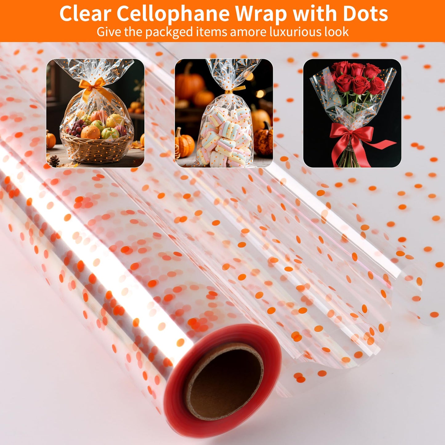 CMFYHM Clear Cellophane Wrap Roll with Orange Polka Dots | 34" x 100’ | 3 Mil Transparent Cellophane Roll,Gift Wrap Cellophane,large Cellophane Wrap Film for Autumn Thanksgiving Baskets, Gifts, Treats,Crafts, Halloween Wrapping