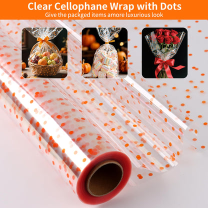 CMFYHM Clear Cellophane Wrap Roll with Orange Polka Dots | 34" x 100’ | 3 Mil Transparent Cellophane Roll,Gift Wrap Cellophane,large Cellophane Wrap Film for Autumn Thanksgiving Baskets, Gifts, Treats,Crafts, Halloween Wrapping
