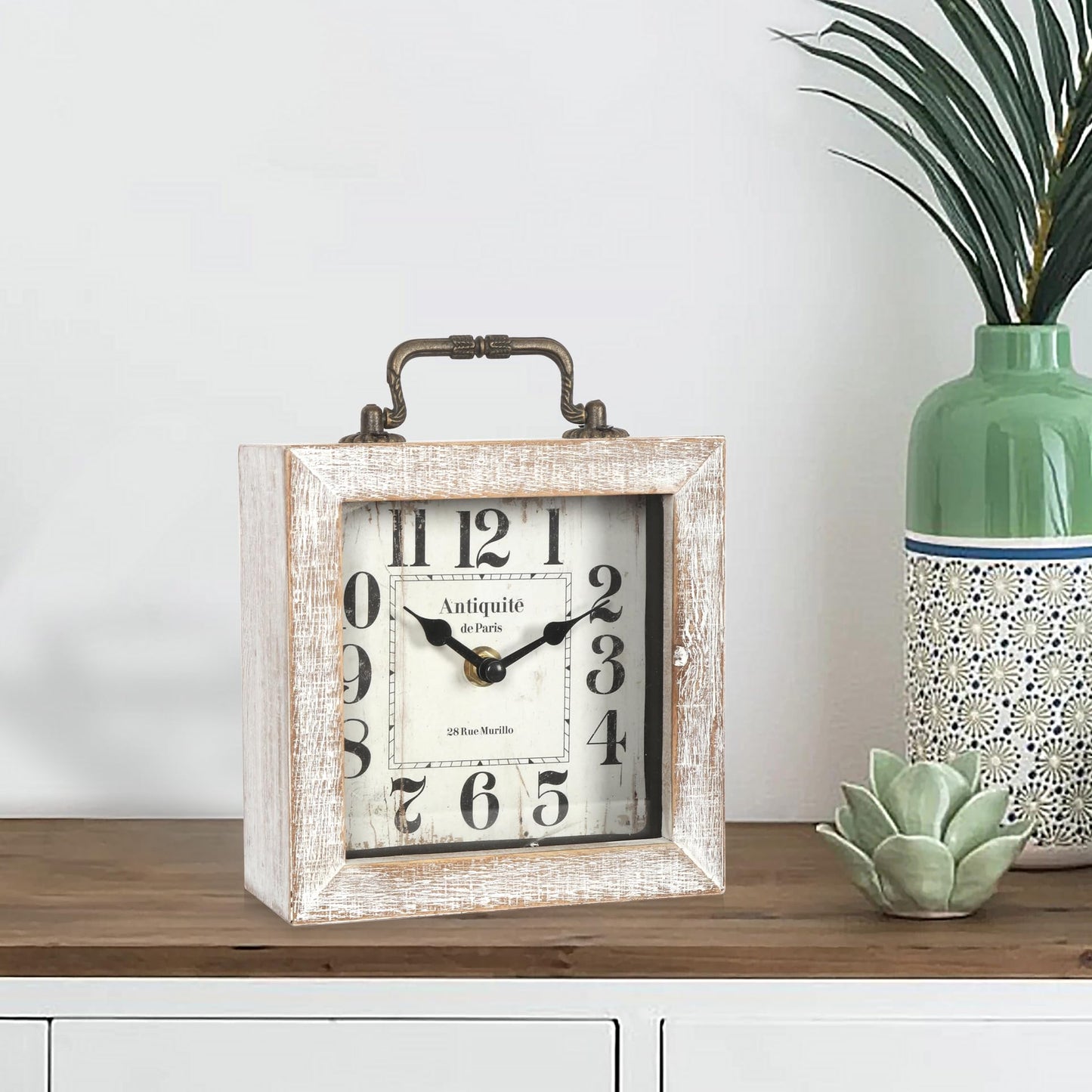 BITALYE Retro Desk Clock, White Vintage Wooden Table Clock,