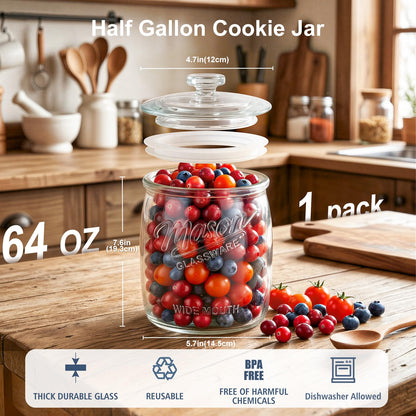 Folinstall Half Gallon Glass Cookie Jar, Food Storage Container, Wide Mouth Glass Storage Jar with Lid, 64 oz, Sourdough Starter, and Laundry Room Storage & Pantry