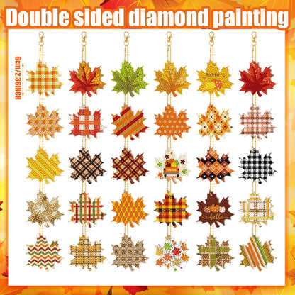WILLBOND 30 Pcs Fall Thanksgiving Diamond Art Keychains Double Sided DIY Maple Leaf Fall Diamond Painting Keychain Ornaments Kits for Adults Key Ring Art Pendant Thanksgiving Tree Decor