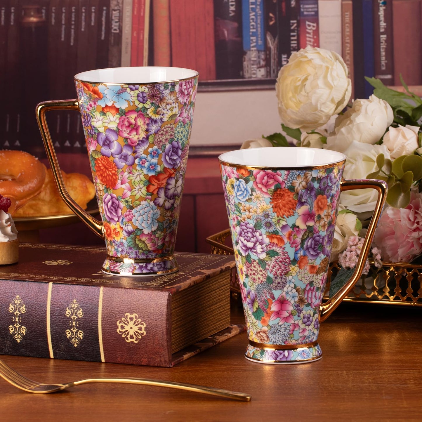KAMMAK Ceramic Coffee Mugs 20 oz Tall Porcelain Coffee Cups Set of 2 Large Novelty Mugs with Handle Vintage Tea Cups Cappuccino Mug for Latte, Americano, Breakfast Cereal, Hot Cocoa, Drinks
