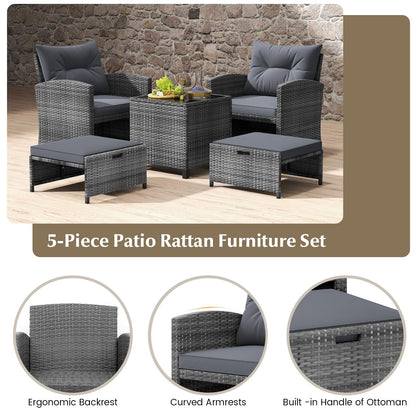 Tangkula 5 Pieces Patio Conversation Set, PE Wicker Rattan Outdoor Furniture Set with 2 Chairs, 2 Ottomans & Tempered Glass Coffee Table, Ideal for Poolside, Backyard, Lawn, Deck, Grey