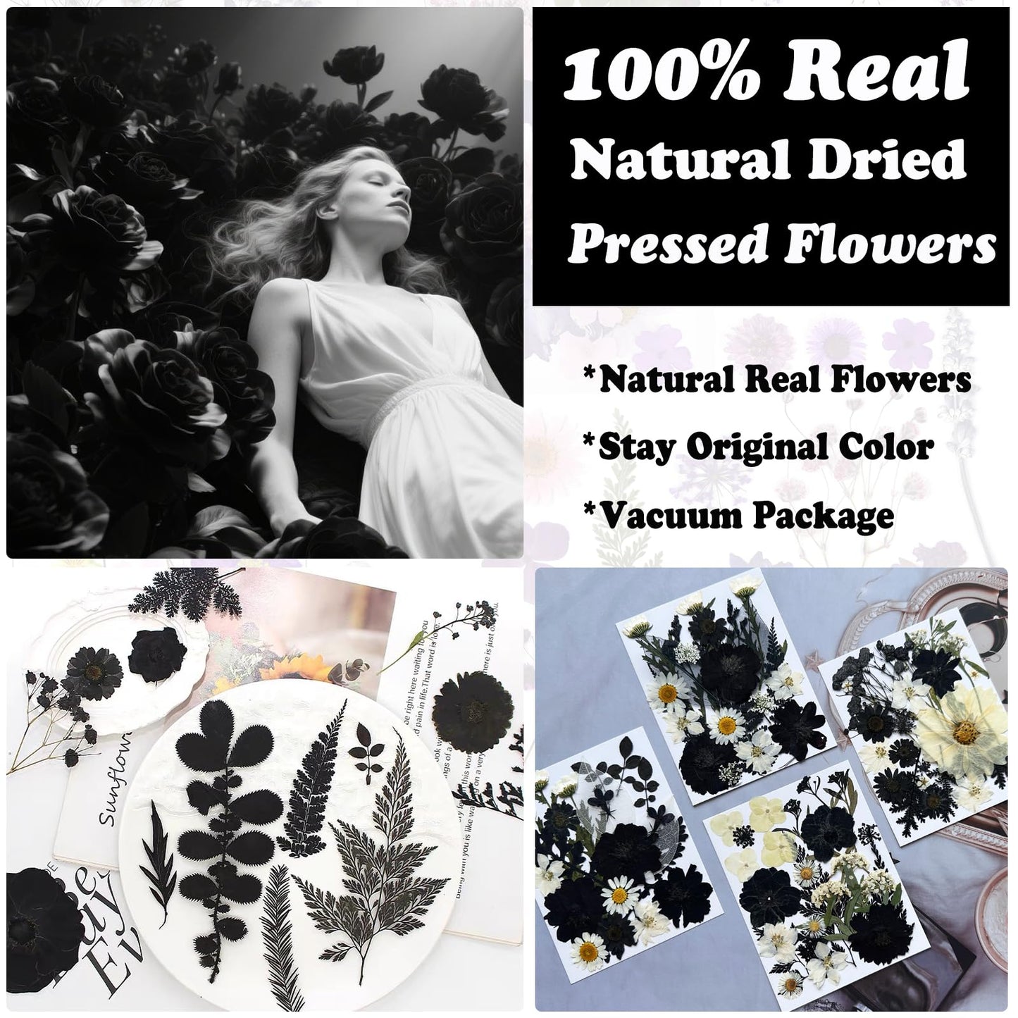 LUCISKY 90Pcs Black Pressed Dried Flowers for Resin Molds, Real Natural Bulk Dry Floral Leave for DIY Art Crafts, Epoxy Jewelry, Candle, Soap Making, Nails Decors