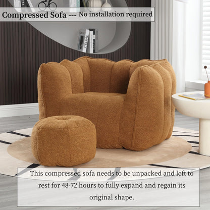 KEIKI Chenille Giant Bean Bag Sleeper Chair with Ottoman, Adults and Kids Lazy Floor Sofa Couch, High Resilient Foam Comfy Reading Chaise Lounge Recliner for Living Room Bedroom, Khaki