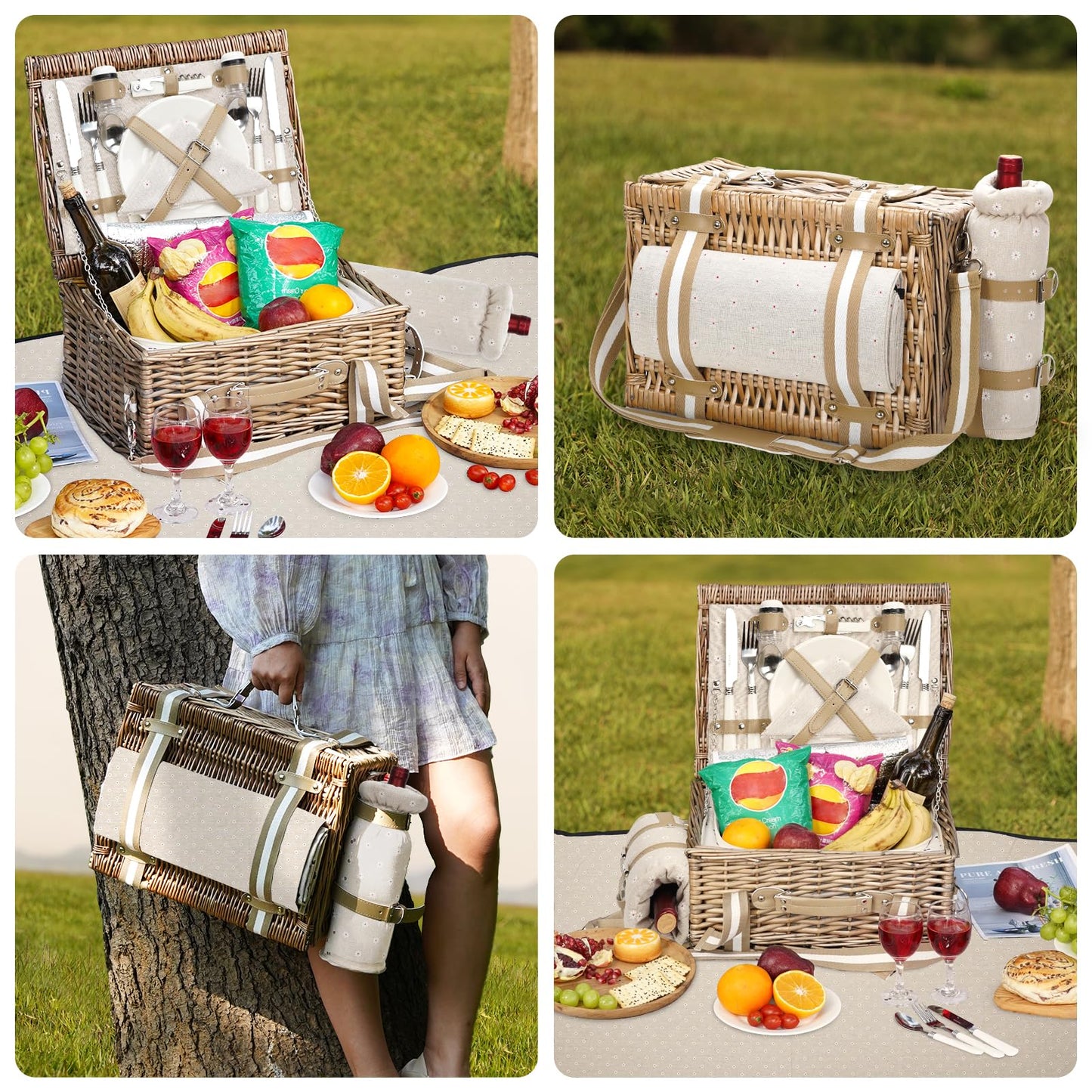 G GOOD GAIN Picnic Basket for 2-19Pcs Wicker Picnic Set with Waterproof Blanket & Wine Bag| Large Picnic Hamper with Insulated Cooler & Cutlery Kit for Couples Camping,White Flower