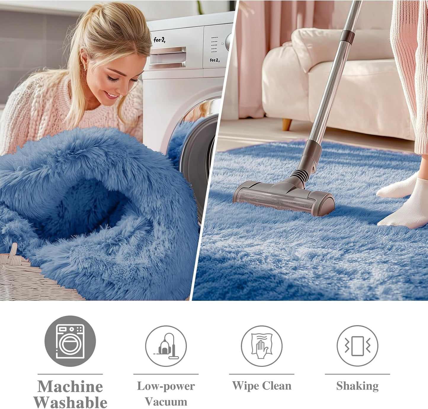 OLANLY Blue Round Rug - Soft, Fluffy Shaggy Carpet | 4 ft Machine Washable Area Rug for Bedroom & Living Room