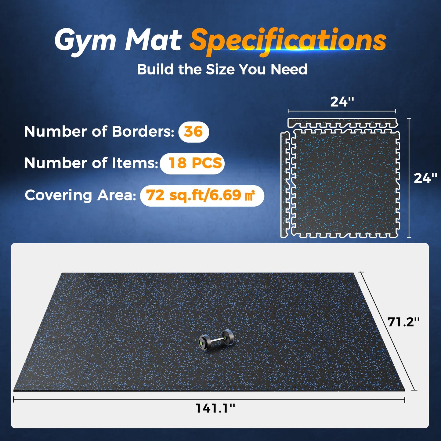 SUPERJARE 1" Extra-Thick Rubber Top Exercise Mat, Puzzle Gym Flooring for Home Gym, Gym Mat for Workout Equipment, Interlocking Floor Tiles with EVA Foam, 18 Pcs 72 Sq Ft, Black/Blue