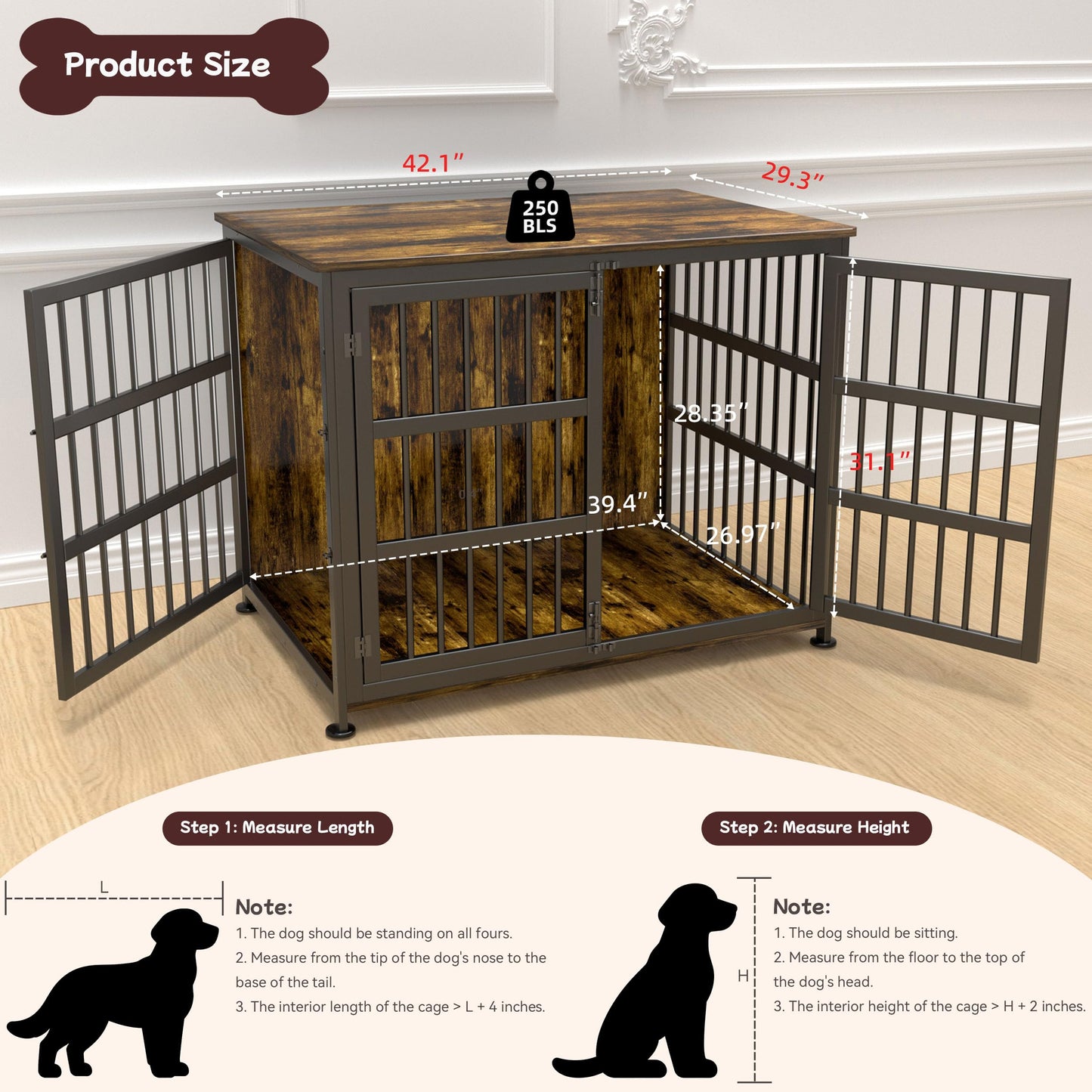 CABZOON 42'' Dog Crate Furniture Large Breed Dog Crate Dog Kennels for Inside Wooden Dog Crates End Table Heavy Duty Indoor Combination Cage for Medium to Large Dogs Walnut
