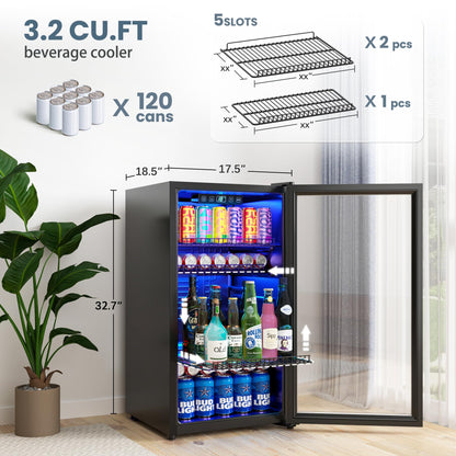 Manastin Beverage Refrigerator Cooler-Mini Fridge Freestanding Cooler with Glass Door, Adjustable Shelves & Digital Temperature Display for Soda, Wine or Beer (Silver, 3.2 Cu.Ft)