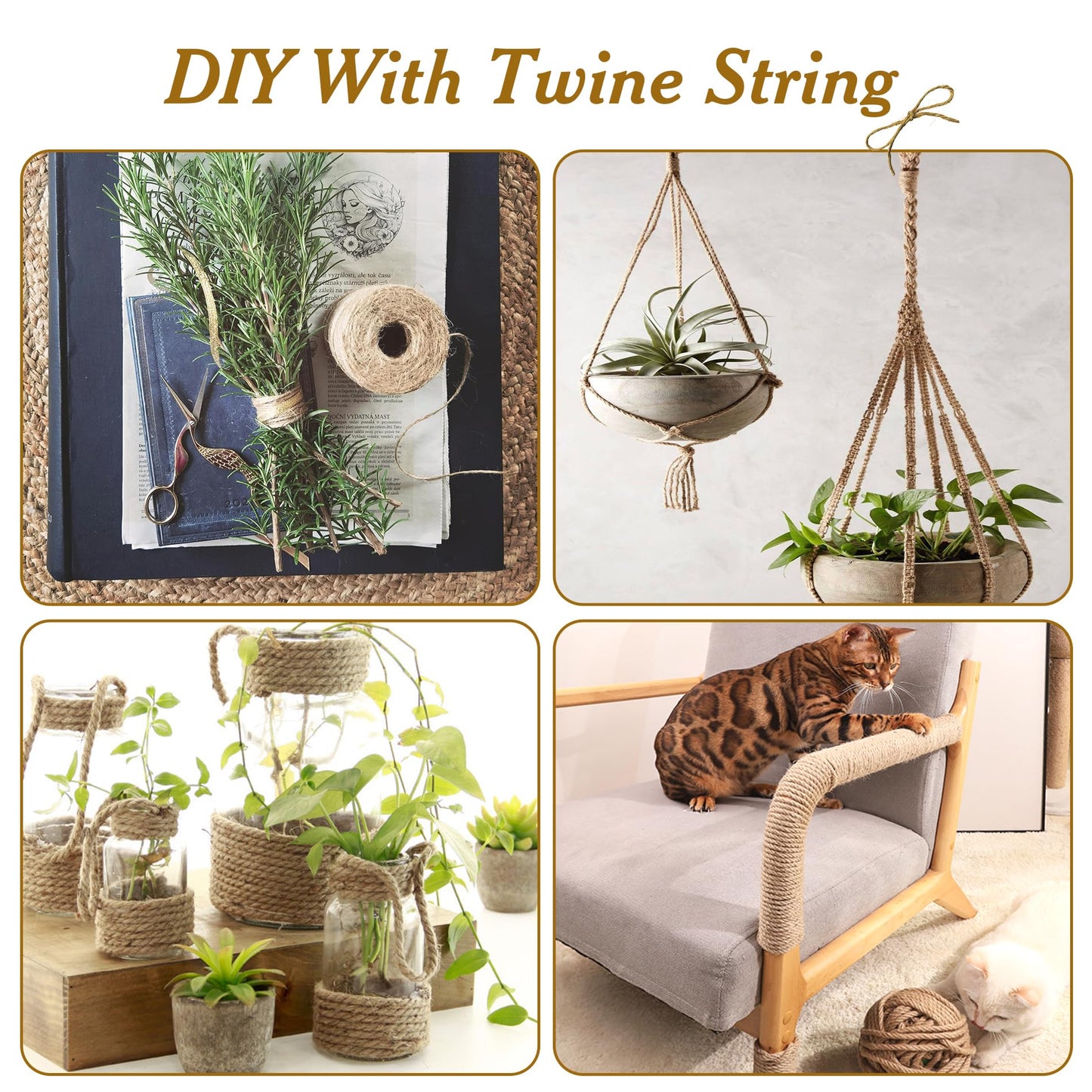 5mm*328 Feet Natural Jute Twine String DIY Home Decor,Thick Jute Twine for Crafting Gift Wrapping Packing Gardening Crochet Knitting Macrame Decor,5mm Brown Rope for Refurbish Cat Tree