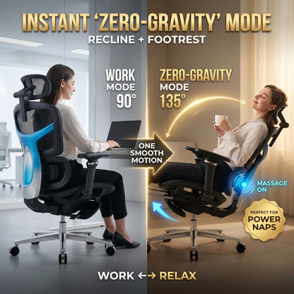 Ergonomic Office Chair with Footrest & 3D Massage Lumbar Support, Adjustable Seat Depth & Back Height,Big and Tall,400lbs, 4D Headrest, 4D Armrests, Reclining Office Chair for Home Office (Black)