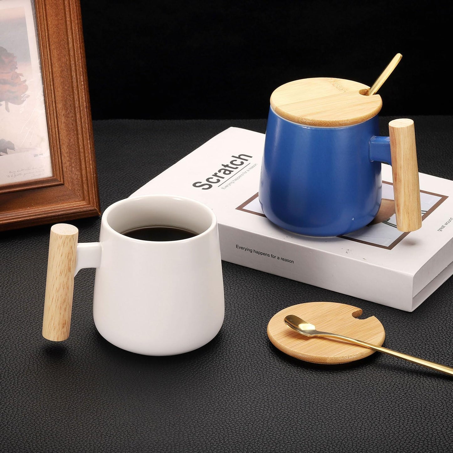 HARFINGTON Ceramic Coffee Mug 12.85 Oz Simple Wooden Handle Large Tea Cup Handmade Ceramic Mugs Gift Set with Lid and Spoon for Office Kitchen Home and Gifts for Women and Men, Blue